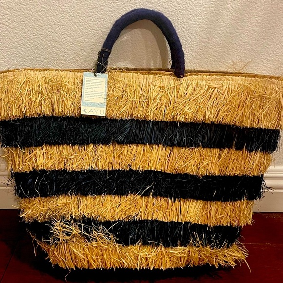 nwt kayu Tan and navy blue stripe Straw Tote Bag - Picture 1 of 8